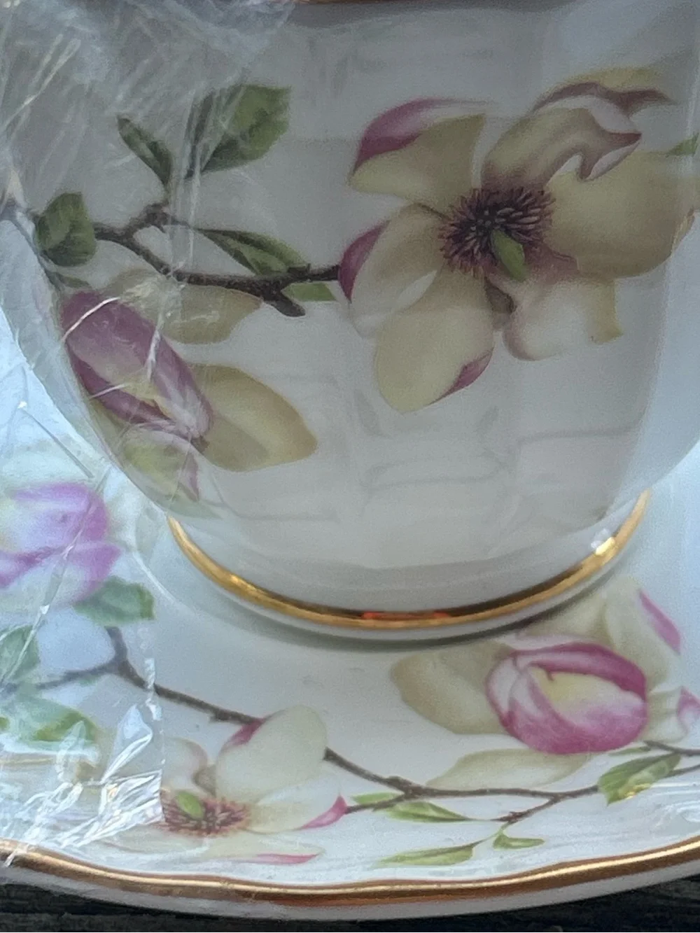 Vintage Lefton Pink Magnolia Fine Bone China Teacup and Saucer Gold Trim